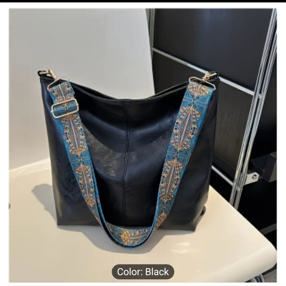 Elegant PU Black  Leather Tote Bag with Patterned Strap
